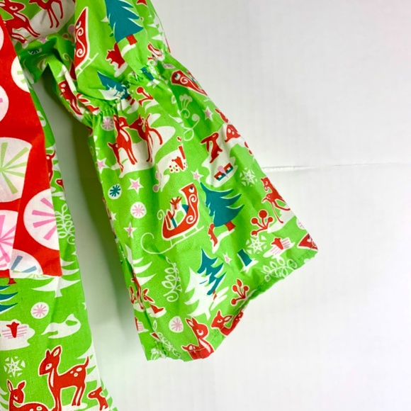 Christmas Holiday red green white reindeer snowflake ruffled bow twirl dress - Picture 5 of 13